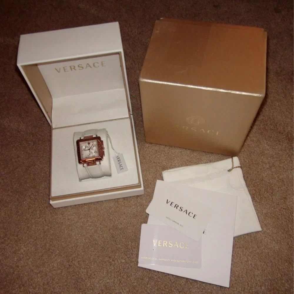 Versace Reve Carre Chronograph White Leather Strap Diamond Ladies Watch